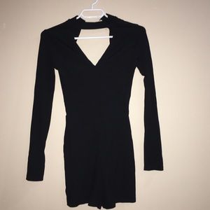 Bershka black ribbed long-sleeve romper with choker collar
